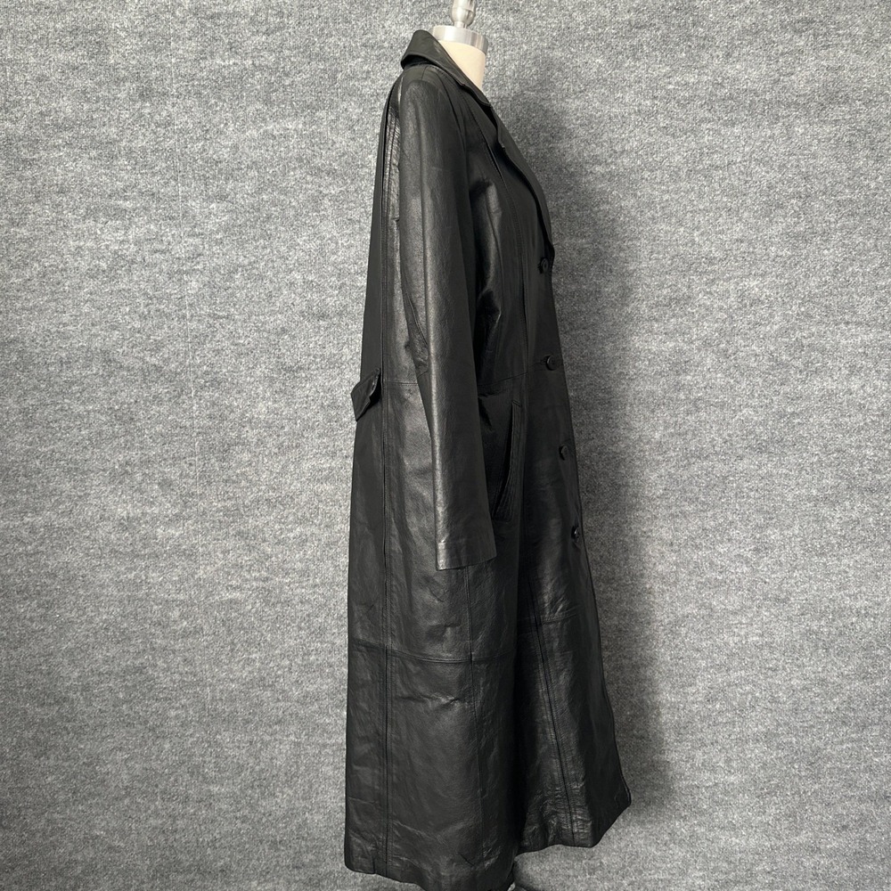 Vintage Omint Trench Coat Womens L Black Leather Long Classic Gothic Jacket - Picture 4 of 16